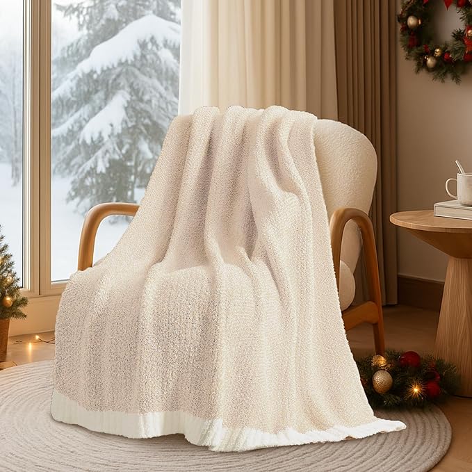 Buttery Ivory Throw Blanket for Couch, Reversible Super Soft Knitted Blankets, Warm Cozy Knit Fuzzy Plush Lightweight Throws Dupes for Sofa, Bed, Picnic, Ivory, 50 x 60 inches