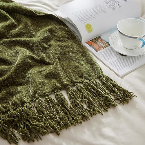 Throw Blanket for Couch, Cozy Plush Fuzzy Decorative Olive Green Blanket with Fringe Tassels, Lightweight Throws for Bed Sofa Gift Home Decor, 50"X60"