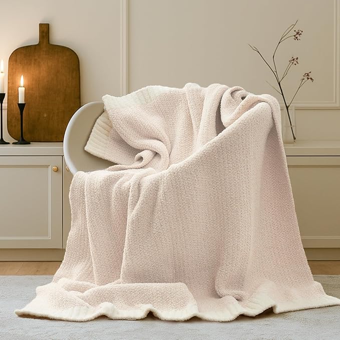 Buttery Ivory Throw Blanket for Couch, Reversible Super Soft Knitted Blankets, Warm Cozy Knit Fuzzy Plush Lightweight Throws Dupes for Sofa, Bed, Picnic, Ivory, 50 x 60 inches