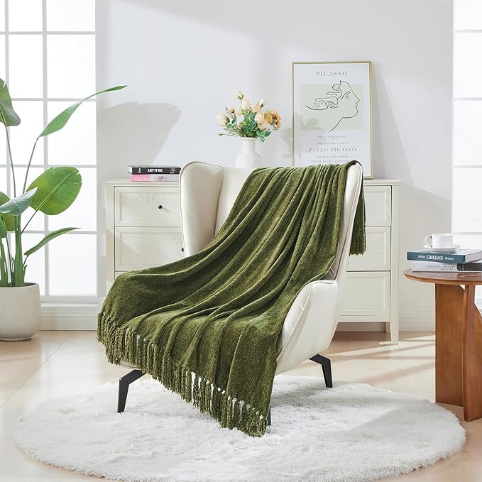 Throw Blanket for Couch, Cozy Plush Fuzzy Decorative Olive Green Blanket with Fringe Tassels, Lightweight Throws for Bed Sofa Gift Home Decor, 50"X60"