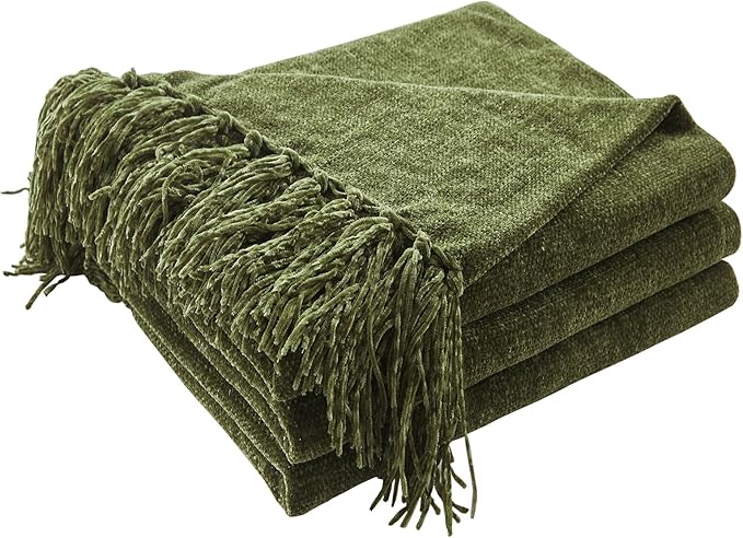 Throw Blanket for Couch, Cozy Plush Fuzzy Decorative Olive Green Blanket with Fringe Tassels, Lightweight Throws for Bed Sofa Gift Home Decor, 50"X60"