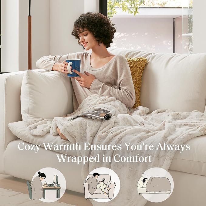 Soft Plush Luxury Oversized Faux Fur Throw Animal Stripes Design, Faux Mink On The Reverse, Modern All Seasons Blanket for Bed, Sofa Couch, Office, Snow Leopard, 60x70